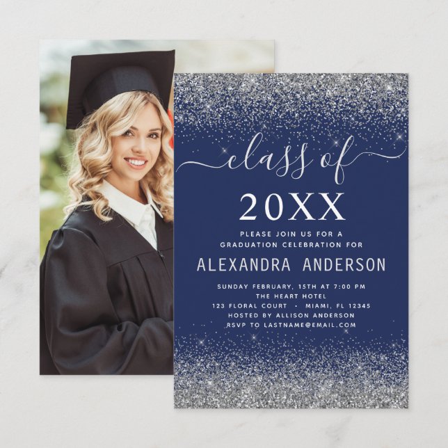 Invitation Classe de graduation photo en argent bleu marine d (Devant / Derrière)