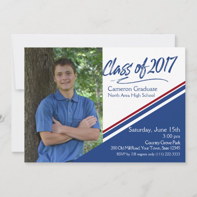 Invitation Classe de photo 2017 manuscrite bleu et rouge (Devant)