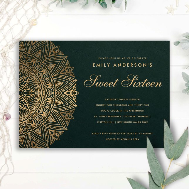 INVITATION CLASSE D'OR VERT ORNATE MANDALA SWEET 16 ANNIVERSA (Créateur téléchargé)
