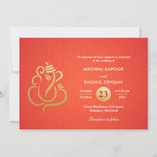 Invitation Classé Faux Gold Foil Ganesha Indian Red Damask