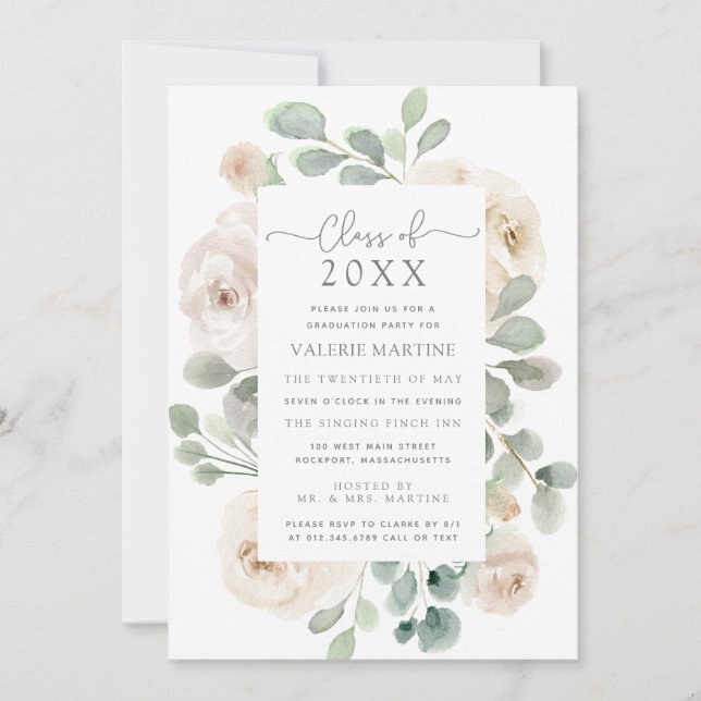 Invitation Classe Florale Blanche de 2021 Graduation Party (Devant)