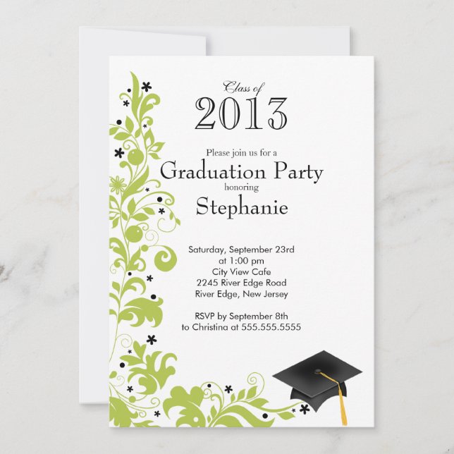 Invitation Classe florale verte moderne de la fête de graduat (Devant)