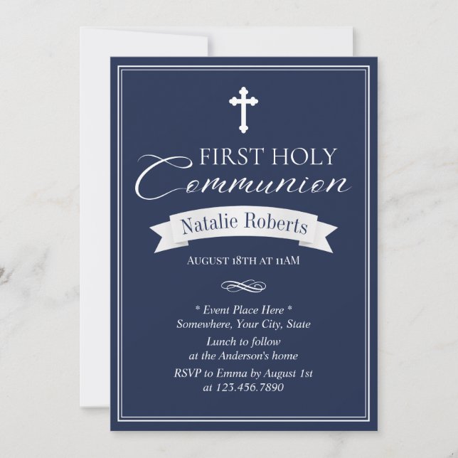 Invitation Classe Marine Bleu Première Sainte Communion (Devant)