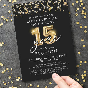 Invitation Classe moderne 15 ans Réunion Black Gold Streamers