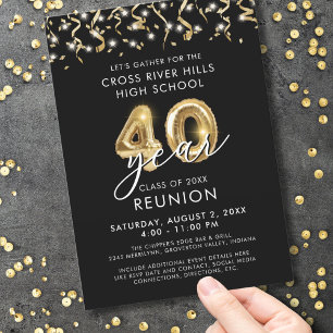 Invitation Classe moderne 40 ans Réunion Black Gold Streamers