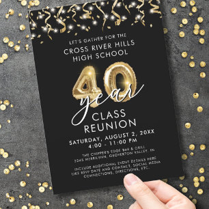 Invitation Classe moderne 40 ans Réunion Black Gold Streamers