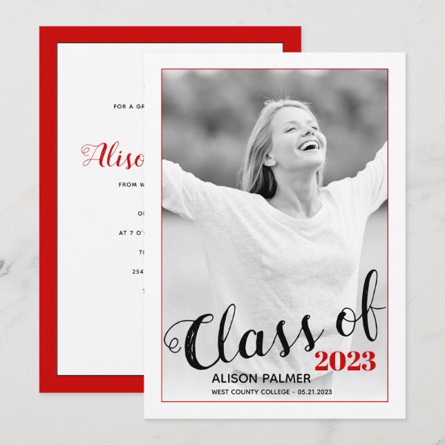 Invitation Classe moderne de 2023 script rouge photo frontièr (Devant / Derrière)