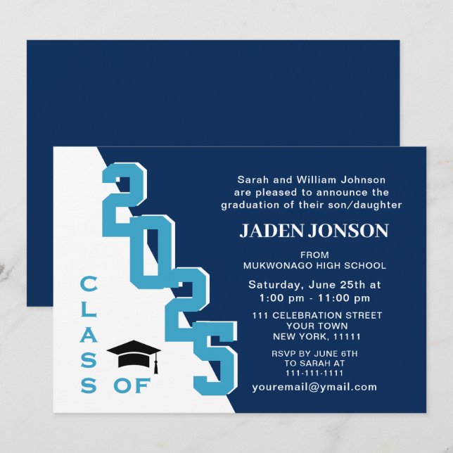 Invitation Classe moderne de 2025 Blue White Graduation Party (Devant / Derrière)