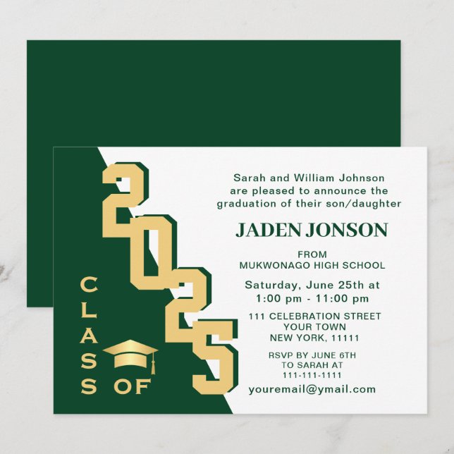 Invitation Classe moderne de 2025 Golden Green Graduation Par (Devant / Derrière)