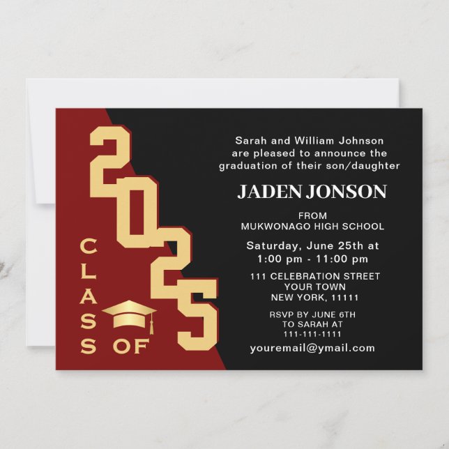 Invitation Classe moderne de 2025 Golden Red Graduation Party (Devant)