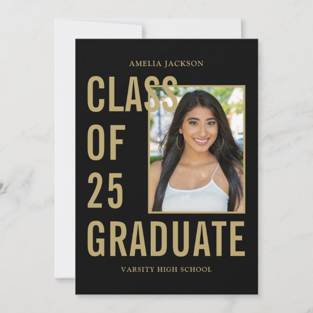 Invitation Classe Moderne De 25 Black & Gold Graduation Party (Devant)