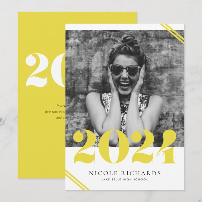 Invitation Classe moderne Jaune de 2024 Photo Graduation (Devant / Derrière)