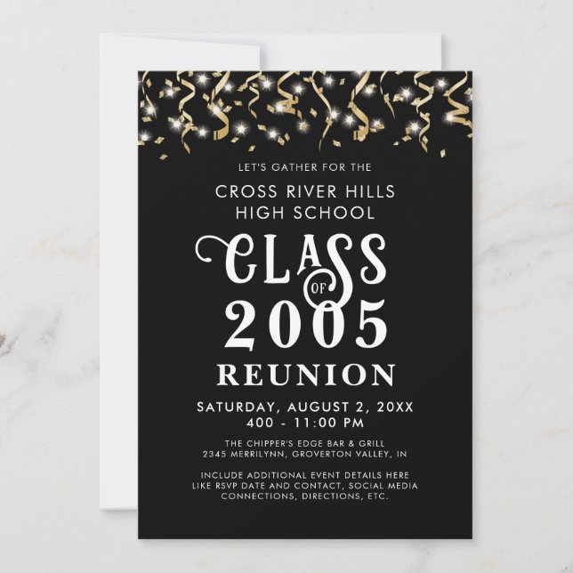 Invitation Classe Moderne Reunion Black Gold Confetti Streame (Devant)
