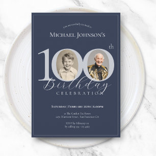 Invitation Classe Navy Bleu Argent Photo 100e Anniversaire
