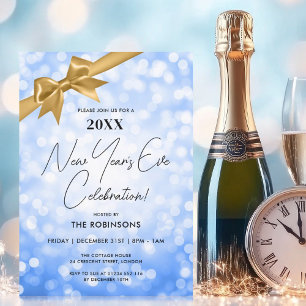 Invitation Classé New Years Eve Party Navy Bokeh Gold Bow