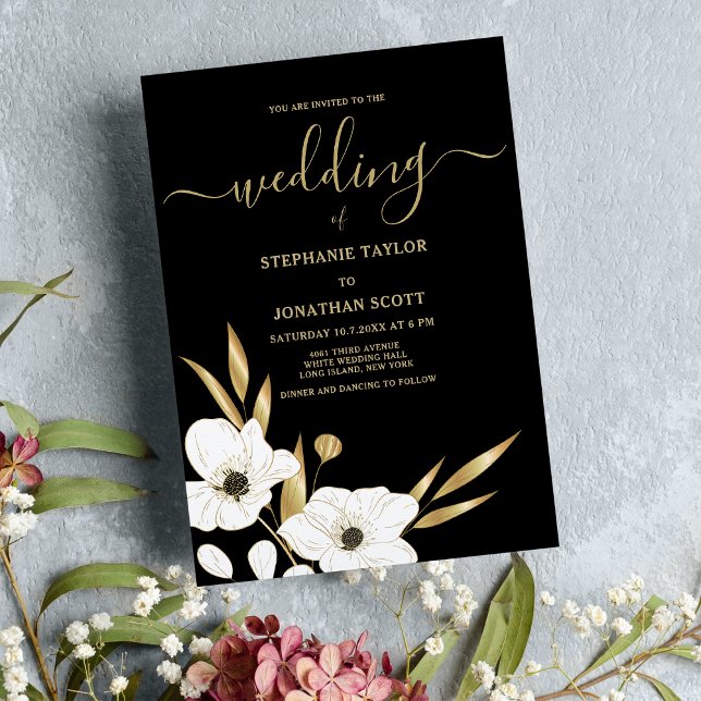 Invitation Classé noir blanc or floral élégant mariage (Classy black white gold floral elegant wedding)