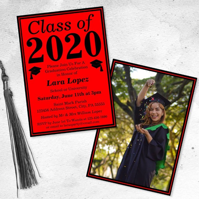 Invitation Classe noire rouge de 2024 - photo de graduation (Créateur téléchargé)
