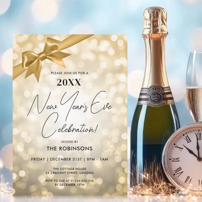 Invitation Classé Nouvel An Sove Party Gold Bokeh Bow (Classy New Years Eve Party Gold Bokeh Bow Invitation)