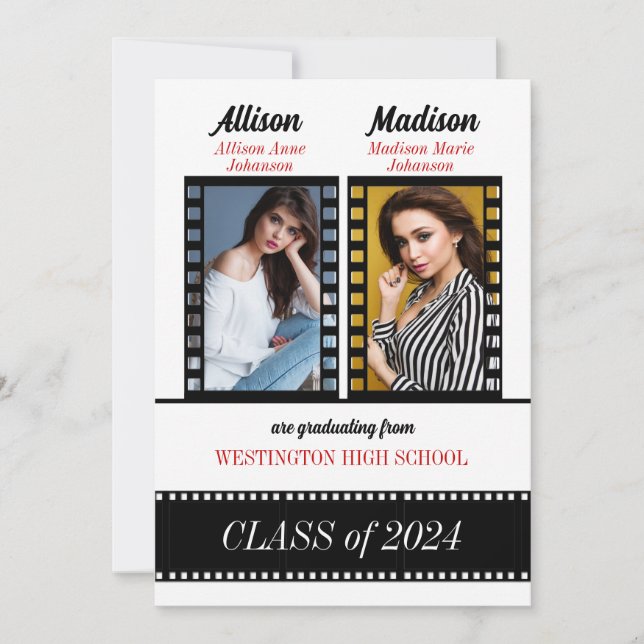 Invitation Classe personnalisée de diplômés jumeaux en rouge (Devant)