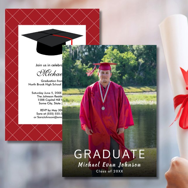 Invitation Classe photo blanc rouge de 20XX Graduation modern (Red White Photo Class of 20XX Modern Graduation Invitation)