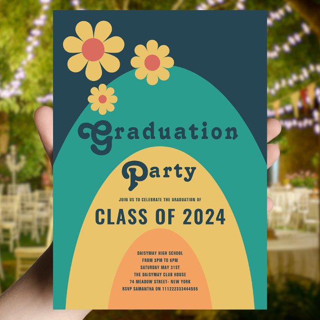 Invitation Classe rétro de 2024 Graduation Party (Retro class of 2024 high school graduation party with groovy typography blue green yellow orange)