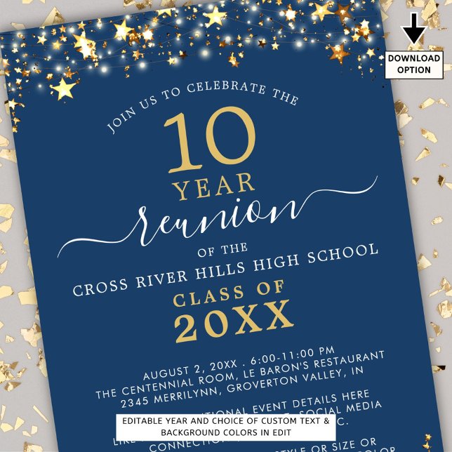 Invitation Classe Reunion Blue Gold Stars Éclairage chaque an (Créateur téléchargé)