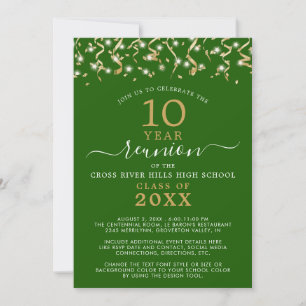 Invitation Classe Reunion Green Gold Confetti Streamers