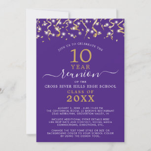 Invitation Classe Reunion Purple Gold Confetti Streamers