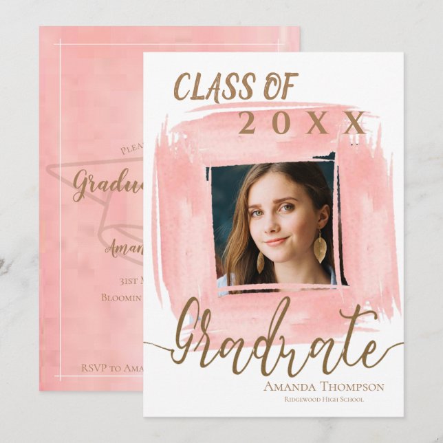 Invitation Classe Rose Abstraite De 2025 Photo Graduation Par (Devant / Derrière)
