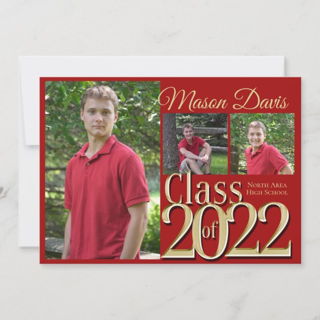 Invitation Classe Rouge et Or de 2022 Photo Graduation (Devant)