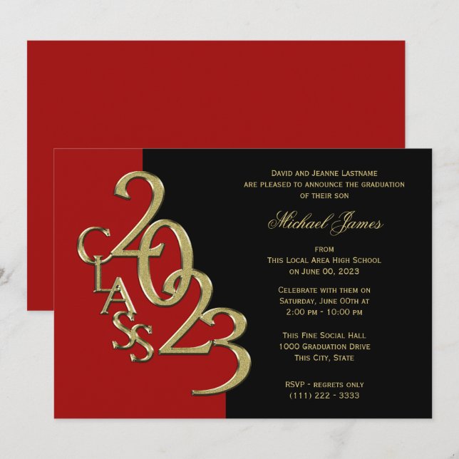 Invitation Classe rouge et or de 2023 Grad avec option couleu (Devant / Derrière)