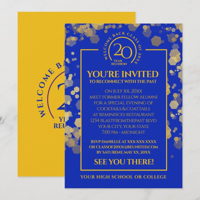 Invitation Classe Royal Blue & Gold Reunion (Devant / Derrière)
