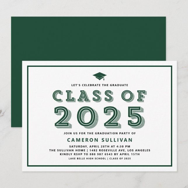 Invitation Classe verte de 2025 Casquette Rétro Graduation (Devant / Derrière)