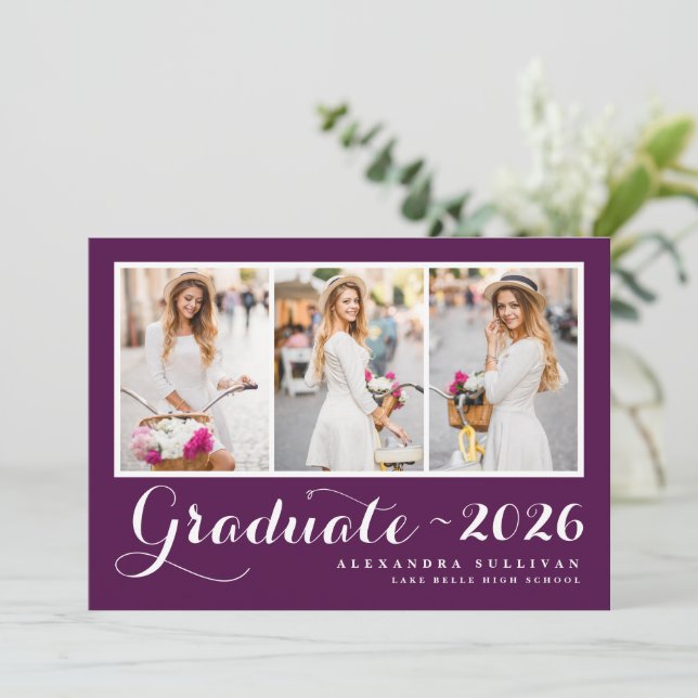 Invitation Classe violette de 2025 Collage de photos Graduati (Debout devant)