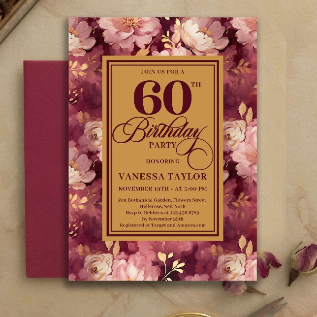 Invitation Classic 60th Birthday Deep Red Blush Gold Invites (Classic 60th Birthday Deep Red Blush Gold Invitation)