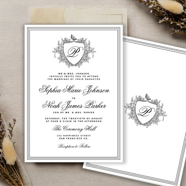 Invitation Classic black and white crest monogram wedding  (Créateur téléchargé)