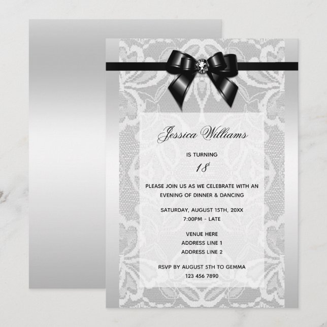 Invitation Classic Black Bow & Lace Anniversaire (Devant / Derrière)