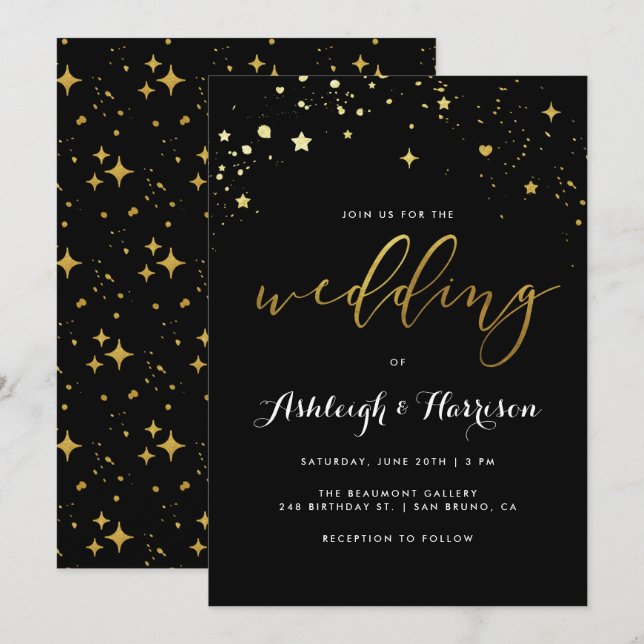 Invitation Classic Black & Gold Star Confetti Mariage (Devant / Derrière)