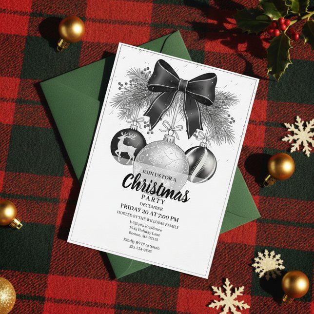 Invitation Classic Black White Christmas Party Invite (Vintage Christmas Party, Timeless Holiday Celebration, Elegant Bow Invitation)