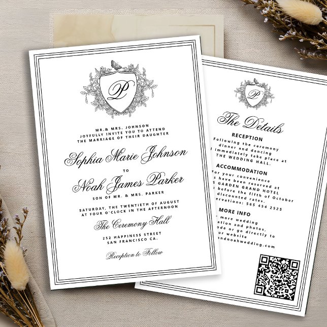 Invitation Classic black white QR formal monogram wedding  (Créateur téléchargé)