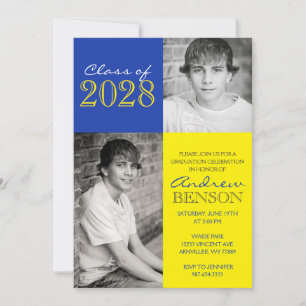 Invitation Classic bleu et jaune 2 Photo Graduation