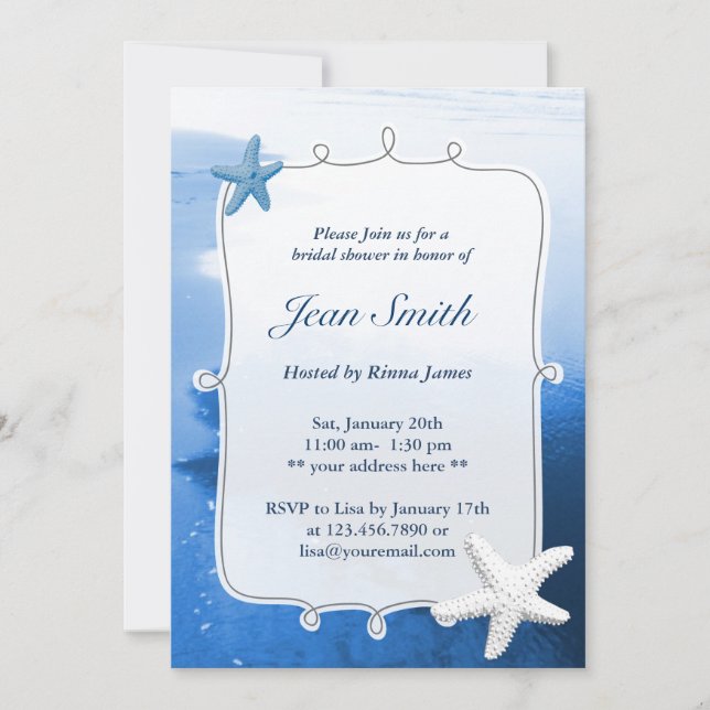 Invitation Classic Blue Beach & Starfish Fête de l'mariée Inv (Devant)