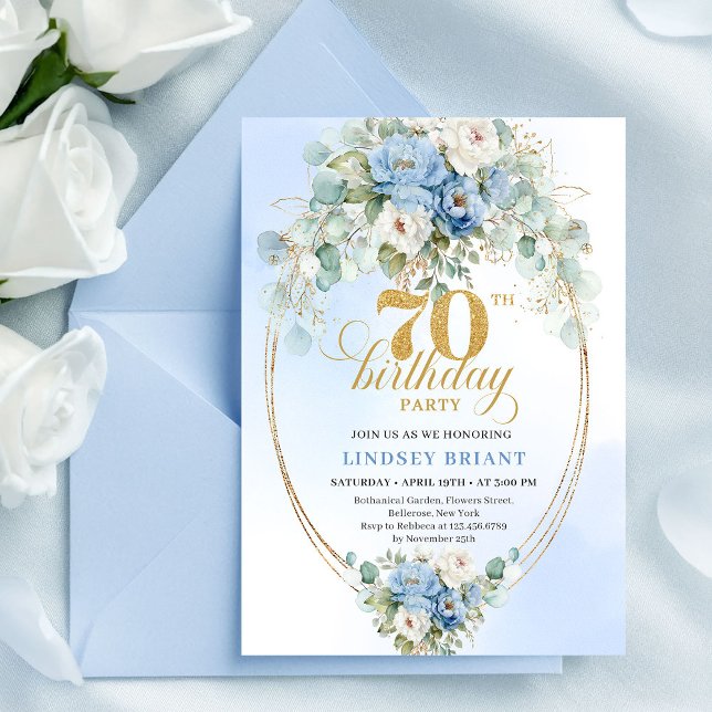 Invitation Classic Blue Floral Eucalyptus 70th Birthday Invit (Classic Blue Floral Eucalyptus 70th Birthday Invitation

)
