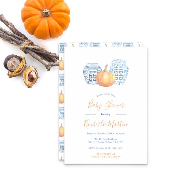 Invitation Classic Blue Ginger Jars Citrouille Baby shower (Ginger Jars With Orange Pumpkin And Text Baby Shower Party Invitation)