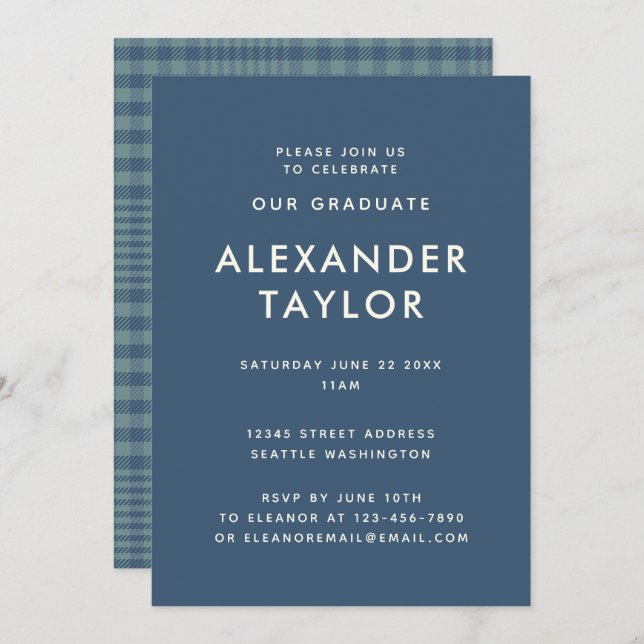 Invitation Classic Blue Glen Plaid Motif Graduation (Devant / Derrière)