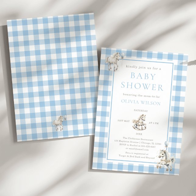 Invitation Classic Blue Plaid Horse Rocking Baby Boy Douche (Classic Baby Boy Blue Plaid Watercolor Rocking Horse Baby Shower Invitation)