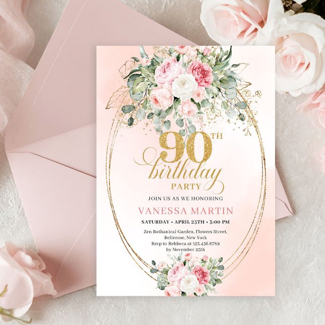 Invitation Classic Blush Floral Greenery Gold 90th Birthday  (Timeless Blush Rose Boho 90th Birthday Party Invitation)