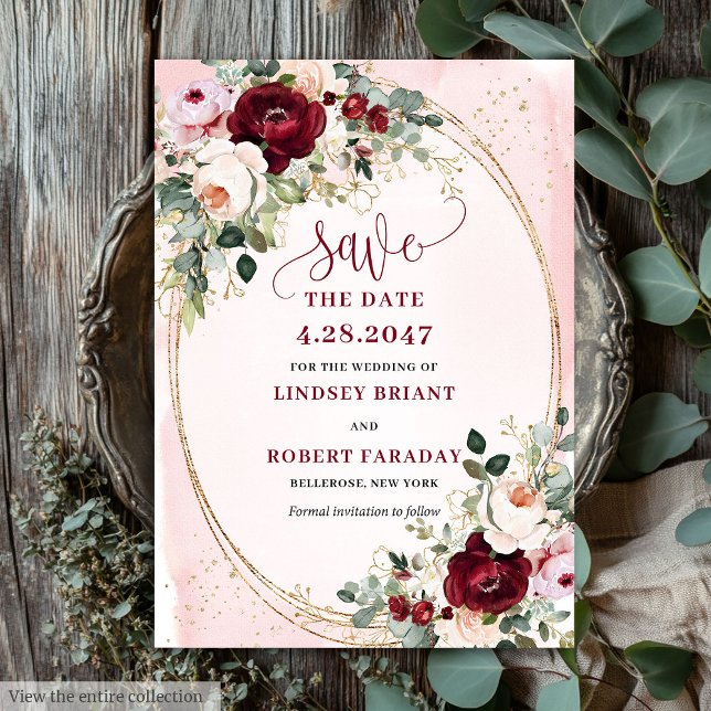 Invitation Classic Boho Burgundy Blush Gold Roses Save Date (Classic Boho Burgundy Blush Gold Roses Save Date)