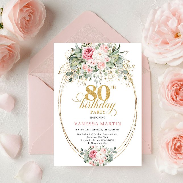 Invitation Classic Boho Minimalist Blush Floral 80th Birthday (Classic Minimalist Blush Floral 80th Birthday Invite

)