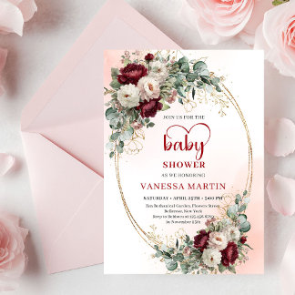 Invitation Classic Burgundy Flowers Gold Baby Shower Invite